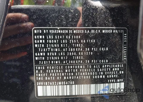 2018 Volkswagen Tiguan 2.0T S from USA, damaged, VIN 3VV1B7AX2JM054788